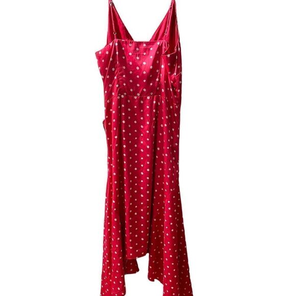 Haney Olivia Red Stretch Satin Polka Dot Handkerchief Hem Midi Dress 4 $890 - Picture 6 of 13